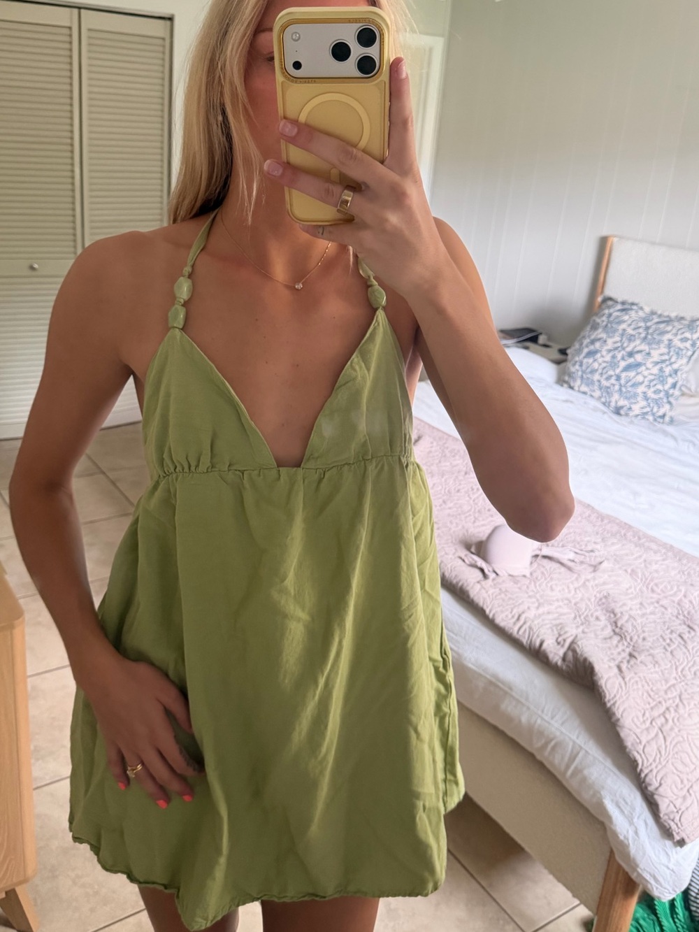 Green Beaded Strap Halter Mini Dress